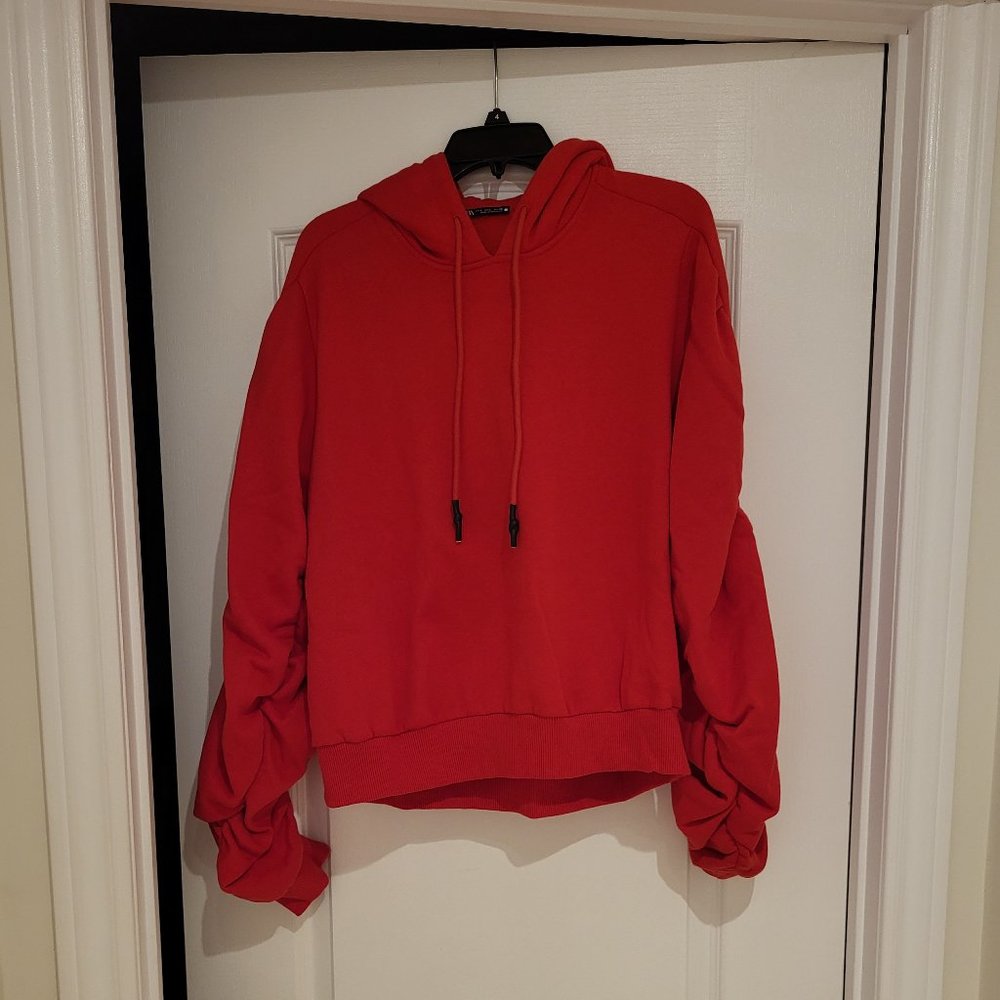 RED ZARA HOODIE WITH RUCHED SLEEVE